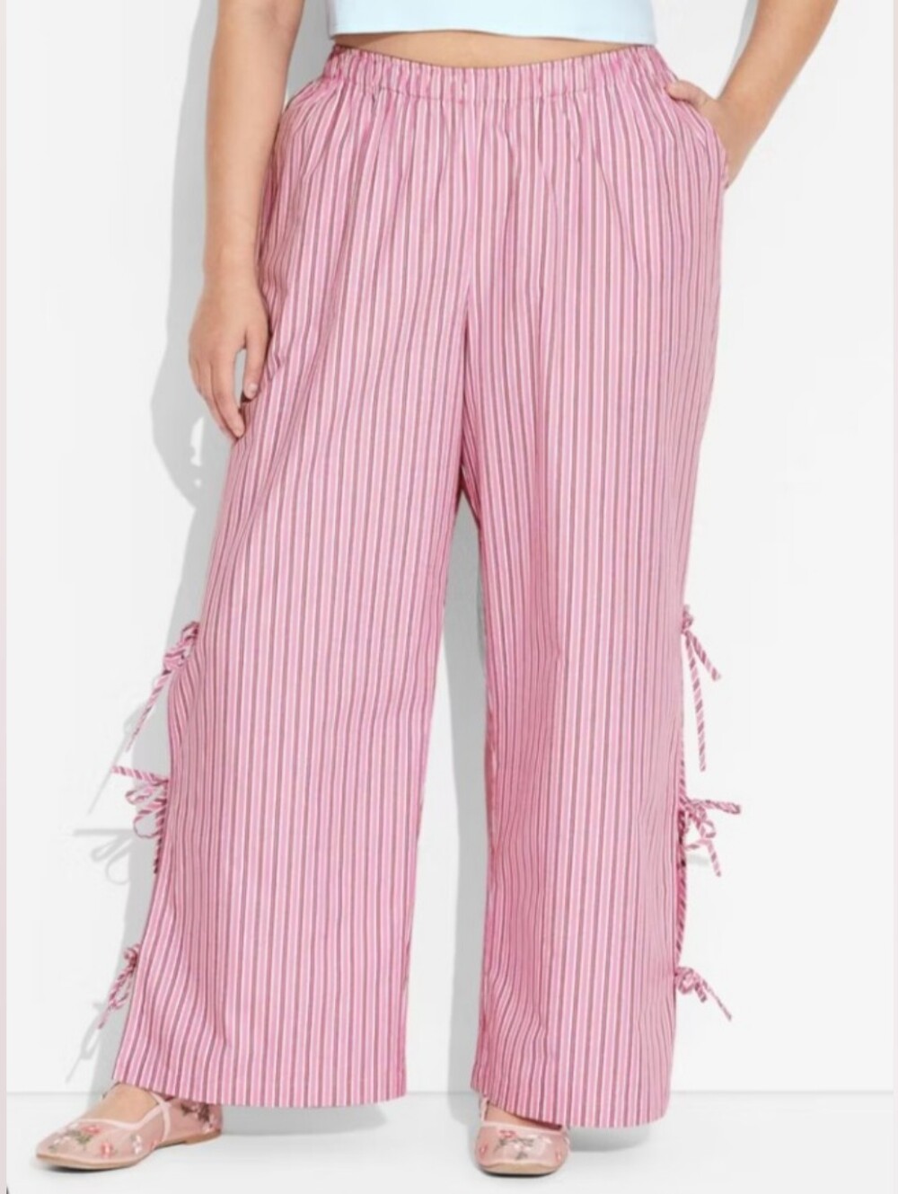 Women’s Cotton Pink Striped Wide-Leg Drawstring Side-Tie Pants M
